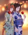  2girls :d absurdres air_groove_(umamusume) alternate_costume alternate_hairstyle animal_ears aqua_eyes blue_eyes blue_kimono blush bow brown_hair candy ear_bow ear_covers floral_print food from_side green_kimono hair_bun hair_ornament highres hime_cut holding holding_candy holding_food holding_hands horse_ears horse_girl horse_tail japanese_clothes kimono looking_at_another multiple_girls obi orange_hair sash short_hair sidelocks silence_suzuka_(umamusume) smile sugamo_(rainysnowy108) tail umamusume yellow_bow yukata 