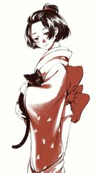  0229661 1girl ace_attorney animal bangs_pinned_back black_hair cat closed_mouth floral_print hair_rings highres holding holding_animal holding_cat japanese_clothes kimono limited_palette long_sleeves looking_at_viewer obi sash short_hair simple_background smile solo standing susato_mikotoba the_great_ace_attorney updo 