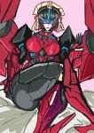  absurdres blue_eyes breasts crossed_legs flame_toys_windblade grotesquerampag highres humanoid_robot mechanical_wings medium_breasts pink_background robot sitting thick_thighs thighs transformers windblade wings 