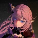  1girl 8886999 absurdres blue_eyes chinese_commentary closed_mouth elf elysia_(honkai_impact) elysia_(miss_pink_elf)_(honkai_impact) highres honkai_(series) honkai_impact_3rd long_hair pink_hair pink_pupils pointy_ears simple_background smile solo upper_body 