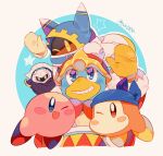  ;d armor armored_boots arms_up bandana bandana_waddle_dee blue_bandana blue_eyes blush blush_stickers boots cape closed_eyes coat commentary_request fur-trimmed_coat fur-trimmed_sleeves fur_trim gloves green_background grin hammer hat highres holding holding_hammer king_dedede kirby kirby&#039;s_return_to_dream_land kirby_(series) long_sleeves looking_at_viewer magolor mask meta_knight no_humans one_eye_closed open_clothes open_coat open_mouth purple_cape purple_footwear red_coat red_headwear shoulder_armor simple_background smile star_(symbol) teeth tokuura white_background white_gloves yellow_eyes yellow_gloves 