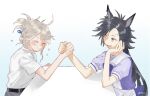  2girls :t air_shakur_(umamusume) animal_ears arm_wrestling artist_name belt black_hair bow bowtie clenched_hand closed_eyes elbow_rest eyebrow_piercing female_trainer_(umamusume) flying_sweatdrops grey_hair grey_skirt hand_on_own_cheek hand_on_own_face holding_hands horse_ears jemma_(mashirahoshi) long_hair multiple_girls open_mouth piercing purple_shirt sailor_collar school_uniform shirt short_hair short_sleeves simple_background skirt smile sweat table tracen_school_uniform trainer_(umamusume) umamusume white_background white_shirt white_skirt yellow_eyes 