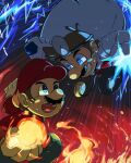  2boys absurdres blue_eyes blue_overalls coat doctor dr._mario electricity facial_hair fighting fire gloves hat highres holding mario multiple_boys mustache open_mouth overalls pill red_headwear smile super_mario_bros. super_smash_bros. tmrn_ml white_coat white_gloves 