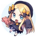  1girl abigail_williams_(fate) black_bow black_dress black_headwear blonde_hair bloomers blue_eyes blush bow chibi dress fate/grand_order fate_(series) full_body hair_bow long_hair looking_at_viewer multiple_hair_bows open_mouth orange_bow parted_bangs polka_dot polka_dot_bow ryofuhiko sleeves_past_fingers sleeves_past_wrists smile solo stuffed_animal stuffed_toy teddy_bear underwear white_bloomers 