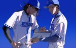  2boys baseball_cap baseball_uniform black_eyes black_hair black_shirt blue_background blue_headwear earrings flipped_hair hands_on_own_hips hat holding holding_tablet_pc jewelry lam_(ramdayo) long_hair looking_at_viewer mouth_hold multiple_boys nijisanji redhead shirt short_hair simple_background sportswear stalk_in_mouth stylus tablet_pc turtleneck virtual_youtuber vox_akuma white_shirt yashiro_kizuku yellow_eyes 