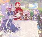  2boys 2girls apron arthur_(fire_emblem) azelle_(fire_emblem) bare_shoulders black_gloves blue_dress cake cape chair cup d_kenpis dress fingerless_gloves fire_emblem fire_emblem:_genealogy_of_the_holy_war fire_emblem_heroes food gloves highres holding holding_tray interlocked_fingers long_hair maid_apron maid_headdress multiple_boys multiple_girls official_alternate_costume open_mouth outdoors own_hands_together ponytail purple_hair red_eyes redhead short_hair sitting table tailtiu_(fire_emblem) tailtiu_(tea_party)_(fire_emblem) teacup teapot tiered_tray tine_(fire_emblem) tray tree twintails violet_eyes white_apron white_headdress 