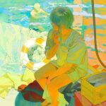  2boys bare_legs barefoot boat box fish highres innertube multiple_boys original partially_submerged shadow shirt short_hair short_hair_with_long_locks sitting water watercraft white_shirt xiaoquandianer 