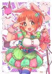  1girl :d abe_nana absurdres animal_ears blush breasts brown_eyes cowboy_shot dress fake_animal_ears frilled_dress frills hairband highres holding holding_microphone idol_clothes idolmaster idolmaster_cinderella_girls medium_breasts microphone microphone_stand open_mouth orange_hair ponytail rabbit_ears semiyagi3 short_hair smile solo thigh-highs v wrist_cuffs 