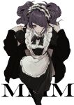  1girl alternate_costume apron asyde black_bow black_bowtie bow bowtie diagonal_bangs enmaided eyelashes frilled_apron frilled_headwear frills highres idolmaster idolmaster_shiny_colors long_hair long_sleeves looking_at_viewer maid maid_apron maid_headdress purple_hair solo tanaka_mamimi tongue tongue_out twintails violet_eyes white_background 