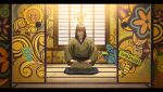  1boy akakokko_(niro_azarashi) akane-banashi brown_kimono character_name crown_(symbol) cushion grin japanese_clothes kimono long_hair looking_at_viewer male_focus nerimaya_karashi rakugo seiza sitting sliding_doors smile solo sun tatami wide_sleeves window 