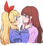  2girls aikatsu! aikatsu!_(series) alternate_costume blonde_hair blue_shirt blush bow brown_hair from_side hair_bow hairband hand_on_another&#039;s_chest hand_on_another&#039;s_chin hoshimiya_ichigo long_hair long_sleeves looking_at_viewer multiple_girls open_mouth purple_nails purple_shirt red_bow red_eyes red_hairband shibuki_ran shirt simple_background upper_body violet_eyes white_background yamamura_saki 