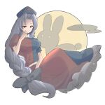  1girl bifidus_(exkagerou8665) black_bow blue_dress blue_headwear bow breasts closed_mouth cross dress frilled_dress frills full_moon grey_eyes grey_hair hair_bow hat highres inaba_mob_(touhou) long_hair looking_at_viewer moon multicolored_hair nurse_cap one-hour_drawing_challenge red_cross red_dress smile touhou trigram two-tone_hair very_long_hair yagokoro_eirin 