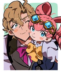  1boy 1girl ace_attorney ahoge blonde_hair blue_eyes blush bow bow-shaped_hair bowtie cheek-to-cheek closed_mouth collared_shirt commentary drill_hair goggles goggles_on_head grgrton hair_rings heads_together herlock_sholmes highres iris_wilson long_hair long_sleeves looking_at_another looking_at_viewer one_eye_closed pink_hair pink_shirt shirt short_hair smile symbol-only_commentary the_great_ace_attorney upper_body vest white_shirt yellow_bow 