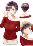  1girl absurdres bare_shoulders black_hair blush brown_headwear collarbone highres multiple_views off-shoulder_sweater off_shoulder original red_eyes red_sweater shanghmely short_hair sidelocks simple_background skirt sweater white_background white_skirt 