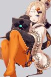  1girl abigail_williams_(fate) abigail_williams_(winter_caravan_online_2021)_(fate) bandaid bandaid_on_face bandaid_on_forehead black_bow blonde_hair blue_eyes bow capelet crossed_bandaids fate/grand_order fate_(series) fur-trimmed_capelet fur_trim grey_background hair_bow hair_bun highres long_hair looking_at_viewer multiple_hair_bows one_eye_closed open_mouth orange_bow orange_pantyhose pantyhose parted_bangs ryofuhiko simple_background single_hair_bun sleeves_past_fingers sleeves_past_wrists solo wavy_mouth 