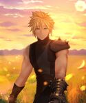  1boy absurdres armor azezazel bandaged_arm bandages black_gloves blonde_hair blue_eyes cloud_strife clouds cloudy_sky commentary earrings english_commentary final_fantasy final_fantasy_vii final_fantasy_vii_remake gloves grass highres jewelry looking_at_viewer male_focus mountainous_horizon outdoors parted_lips short_hair shoulder_armor signature single_bare_shoulder sky sleeveless sleeveless_turtleneck solo spiky_hair stud_earrings sunlight sunset suspenders sweater turtleneck turtleneck_sweater twitter_username upper_body 