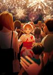  aerial_fireworks bracelet brown_eyes brown_hair crowded crying crying_with_eyes_open festival fireworks hair_bun highres japanese_clothes jewelry kimono looking_at_viewer night open_mouth original outdoors people potg_(piotegu) solo_focus tearing_up tears yukata 