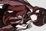  1girl black_sailor_collar black_skirt bow bowtie brown_hair closed_mouth danganronpa_(series) danganronpa_v3:_killing_harmony grey_bow grey_bowtie hair_ornament hair_scrunchie hairclip harukawa_maki leaf_(identityv_leaf) long_hair looking_at_viewer low_twintails mole mole_under_eye pleated_skirt red_eyes red_scrunchie red_shirt sailor_collar scrunchie shirt sideways simple_background skirt solo twintails unfinished white_background 