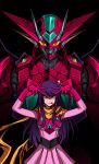  1girl 3ok black_background crossover double_v dress getter-1 getter_robo highres hoshino_ai_(oshi_no_ko) long_hair looking_at_viewer mecha new_getter_robo oshi_no_ko pink_dress purple_hair robot scarf super_robot tongue tongue_out v very_long_hair violet_eyes yellow_scarf 