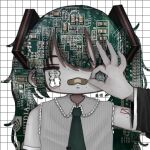  1girl :3 alternate_eye_color bags_under_eyes bandaid bandaid_on_face bandaid_on_nose black_sleeves circuit_board collared_shirt commentary detached_sleeves ear_piercing green_necktie grey_shirt grid_background hand_up hatsune_miku heterochromia highres imo_(imoknol) industrial_piercing long_hair looking_at_viewer messy_hair mole mole_under_eye mole_under_mouth necktie ok_sign ok_sign_over_eye pale_skin patterned_eyes patterned_hair piercing ribbed_shirt shirt shoulder_tattoo sleeveless sleeveless_shirt solo spiked_ear_piercing straight-on symbol-only_commentary tattoo twintails upper_body vocaloid wavy_eyes 