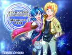  1boy 1girl blonde_hair blue_eyes blue_hair cape claude_kenni closed_mouth crescent crescent_hair_ornament gloves hair_ornament headband jacket looking_at_viewer open_mouth pointy_ears rena_lanford short_hair skirt smile star_(sky) star_ocean star_ocean_the_second_story yukiaya 