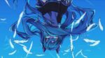  1girl aqua_eyes aqua_hair bare_shoulders blue_eyes blue_hair blue_nails blue_sky bye_bye_baby_sayonara_(vocaloid) covering_mouth detached_sleeves falling feathers floating_hair giriko_choco glowing glowing_eyes hair_ornament hatsune_miku highres long_hair looking_at_viewer necktie shirt skirt sky smile solo thigh-highs twintails upside-down very_long_hair vocaloid 