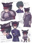  1boy animal_ears animal_hat bird black_headwear blue_jacket cabbie_hat character_name chibi closed_mouth coat commentary_request crossed_arms dog dove facial_mark fake_animal_ears feathers frown fur-trimmed_sleeves fur_collar fur_trim glasses gohan_(8823cobalt) green_hair grey_coat hat hat_removed headwear_removed highres jacket long_sleeves looking_at_viewer looking_down male_focus master_detective_archives:_rain_code multiple_views open_mouth red-framed_eyewear red_eyes round_eyewear short_hair translation_request upper_body zilch_alexander 