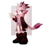  1girl animal_ears black_coat black_footwear blaze_the_cat cat_ears cat_girl cat_tail coat eyelashes forehead_jewel gloves hand_up looking_at_viewer nullrien open_mouth pants pink_scarf ponytail purple_fur scarf sonic_(series) sweater tail white_pants 