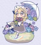  1girl blonde_hair blue_flower blush_stickers boots bow braid bright_pupils brown_bow brown_dress brown_eyes brown_ribbon chibi commentary_request dress flower footwear_bow frog hair_bow hair_ornament hairclip highres hoshizuki_sakusa hydrangea long_hair low_twin_braids neck_ribbon no_nose open_mouth original paper_texture pink_bow pink_flower polka_dot puddle purple_flower rainbow raincoat ribbon solo transparent_raincoat twin_braids umbrella white_footwear white_pupils 