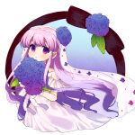  1girl blue_flower bouquet bridal_veil bride closed_mouth commentary_request dress expressionless flower gloves highres holding holding_bouquet hoshizuki_sakusa long_hair off-shoulder_dress off_shoulder original pink_hair ribbon solo tareme veil very_long_hair violet_eyes wedding_dress white_dress white_gloves white_ribbon 