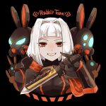 1girl 6+others animal_ears animal_ears_helmet armor black_armor black_background black_gloves dagger gloves grin hair_intakes helmet holding holding_dagger holding_knife holding_weapon knife lobotomy_corporation looking_at_viewer multiple_others myo_(project_moon) project_moon rabbit_ears rabbit_team red_eyes respirator short_hair smile solo upper_body vambraces weapon white_hair yamotaro 