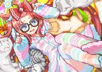  1girl agnes_digital_(umamusume) ahoge alternate_costume alternate_hairstyle animal_ears bespectacled blue_eyes blurry blurry_foreground blush bow breasts cat commentary_request forehead glasses hair_bow hair_ornament highres horse_ears horse_tail kingin long_hair looking_at_viewer lying open_mouth pajamas paw_pose pink_hair shorts socks solo tail thigh-highs umamusume 