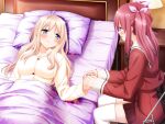  2girls bed blonde_hair blue_eyes blush couple crying eye_contact game_cg highres holding_hands kani_biimu lamp looking_at_another lying matsubara_yuuna multiple_girls oda_nanami official_art pink_eyes pink_hair sono_hanabira_ni_kuchizuke_wo streaming_tears tears yuri 