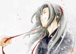  1boy black_hair closed_eyes long_hair male_focus modao_zushi parted_lips petals red_ribbon ribbon signature smile trough-bird upper_body wei_wuxian white_background 