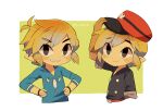  1boy alternate_costume belt blonde_hair blue_eyes blue_shirt commentary hat hat_removed headwear_removed highres link looking_at_viewer multiple_persona princess_zelda redhead shirt short_hair smile the_legend_of_zelda the_legend_of_zelda:_spirit_tracks the_legend_of_zelda:_the_wind_waker tokuura toon_link upper_body 