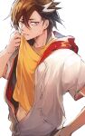  1boy brown_eyes brown_hair fate/grand_order fate_(series) hair_between_eyes male_focus mandricardo_(fate) midriff_peek multicolored_hair pocket shirt short_hair short_sleeves simple_background solo streaked_hair sweat tumikilondon5 upper_body white_background wiping_face wiping_sweat yellow_shirt 