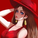  1girl bare_shoulders blue_eyes brown_hair dinalexis dress earrings hand_on_headwear hat highres jewelry lips long_hair looking_at_viewer pauline_(mario) red_background red_dress red_headwear red_lips simple_background sleeveless solo super_mario_bros. upper_body 