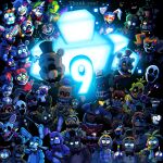  6+others baby_(fnaf) balloon_boy_(fnaf) bonnie_(fnaf) brown_fur character_request chica commentary crying_child&#039;s_brother_(fnaf) crying_child_(fnaf) dark elizabeth_afton english_commentary english_text ennard everyone fangs five_nights_at_freddy&#039;s foxy_(fnaf) fredbear_(fnaf) freddy_fazbear glamrock_chica glamrock_freddy glowing glowing_eyes golden_freddy happy_birthday hat highres horror_(theme) looking_at_viewer mangle michael_afton montgomery_gator multiple_others open_mouth red_eyes roxanne_wolf_(fnaf) skeleton skylior778 springtrap the_puppet_(fnaf) top_hat toy_chica vanessa_(fnaf) vanny_(fnaf) william_afton 