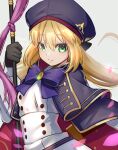  1girl artoria_caster_(fate) artoria_caster_(second_ascension)_(fate) artoria_pendragon_(fate) black_gloves blonde_hair blue_cape blue_headwear bow bowtie brooch cape fate/grand_order fate_(series) gloves green_eyes grey_background highres holding holding_staff jewelry long_hair looking_at_viewer ryofuhiko simple_background smile solo staff upper_body 