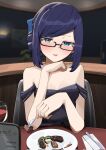  1girl a-chan_(hololive) alternate_costume blue_eyes blue_hair blush breasts dress food glasses highres hololive looking_at_viewer off_shoulder open_mouth round_eyewear rtiddlywinks small_breasts 