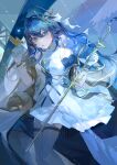  1girl :o absurdres animal_ears animal_on_finger arknights astesia_(arknights) astesia_(frlibe_on_the_palace)_(arknights) bare_shoulders belt bird bird_ears blue_eyes blue_hair blush dress glance_neon hair_ornament highres holding holding_sword holding_weapon long_hair parted_lips solo star_(symbol) sword thigh_belt thigh_strap weapon white_dress 