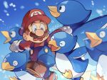  1boy absurdres blue_eyes facial_hair gloves hanaon hat highres male_focus mario mustache open_mouth penguin_(mario) red_headwear snow snowing super_mario_64 super_mario_bros. surprised wide-eyed winter 