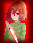  1other androgynous bob_cut brown_hair chara_(undertale) commentary constricted_pupils evil_smile floating_hair glowing glowing_eyes glowing_weapon gold_necklace gradient_background green_sweater hair_between_eyes heart heart_necklace highres holding holding_knife holding_weapon jewelry kitchen_knife knife locket looking_at_viewer loose_hair_strand necklace own_hands_together parted_lips pendant red_background red_eyes reverse_grip short_hair single_horizontal_stripe smile solo sweater turtleneck turtleneck_sweater two-handed undertale upper_body w_arms weapon yandere yellow_sweater yuupontan. 