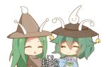  2others amanomori_shou androgynous antennae brown_headwear brown_jacket chibi chinese_text closed_eyes closed_mouth commentary_request green_hair hair_between_eyes hat hat_bell jacket jian_xing_zao kesa_kujiru len&#039;en long_hair long_sleeves lowres multiple_others open_mouth other_focus pointy_hat shirt short_hair simple_background smile translation_request white_background white_shirt 