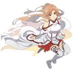  1girl armor asuna_(sao) bare_shoulders breastplate hirayama_kanna holding holding_sword holding_weapon long_hair long_sleeves looking_at_viewer orange_eyes orange_hair red_skirt shoes simple_background sitting skirt smile sword sword_art_online thigh-highs thighs weapon white_background 
