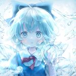  1girl album_cover blue_bow blue_dress blue_eyes blue_hair blush bow buttons cirno collared_shirt cover dress fairy hair_bow highres hydrokinesis ice ice_wings open_mouth pinafore_dress sasami_(shiroi_fuwafuwa) shirt short_hair short_sleeves sleeveless sleeveless_dress solo touhou upper_body water white_shirt wings 