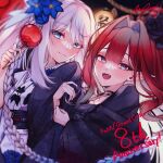  2girls absurdres anniversary arm_hug baobhan_sith_(fate) blue_eyes blush braid candy_apple fangs fate/grand_order fate_(series) flower food grey_eyes hair_flower hair_intakes hair_ornament highres japanese_clothes kimono lantern long_hair looking_at_viewer morgan_le_fay_(fate) multiple_girls obi open_mouth paper_lantern redhead sash smile spica/kanade summer_festival very_long_hair white_hair 