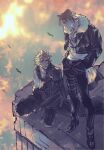  2boys armor bird black_footwear black_jacket black_pants blonde_hair blurry blurry_background boots brown_hair cloud_strife clouds cloudy_sky cropped_jacket final_fantasy final_fantasy_vii final_fantasy_vii_advent_children final_fantasy_viii from_above full_body fur-trimmed_jacket fur_trim highres jacket long_sleeves looking_at_another male_focus multiple_boys pants parted_lips scar scar_on_face scar_on_forehead shio_ga shirt short_hair shoulder_armor sky sleeveless sleeveless_shirt spiky_hair squall_leonhart squatting standing white_shirt 