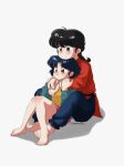  1boy 1girl barefoot black_hair blue_eyes blush closed_mouth couple feet hetero ranma_1/2 saotome_ranma shadow short_hair simple_background tendou_akane twitter_username white_background 