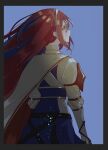  1girl alear_(female)_(fire_emblem) alear_(fire_emblem) blue_background blue_hair cape crying fire_emblem fire_emblem_engage hair_between_eyes highres illust_mi long_hair long_sleeves looking_to_the_side multicolored_hair redhead simple_background skirt solo tears two-tone_hair 